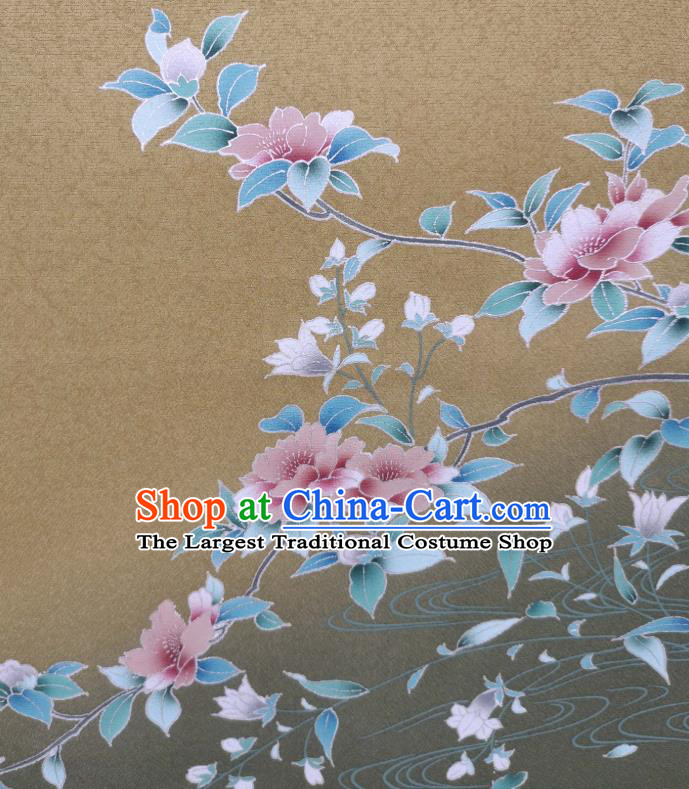 Japanese Traditional Silk Fabric Kimono Classical Hand Painting Flowers Tapestry Drapery Asian Japan Olive Green Brocade
