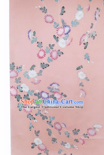 Asian Traditional Satin Drapery Japanese Kimono Pink Silk Fabric Japan Classical Chrysanthemum Pattern Brocade