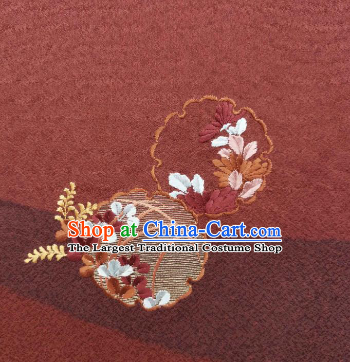 Asian Japanese Kimono Tapestry Drapery Embroidered Brownish Red Brocade Japan Traditional Silk Fabric