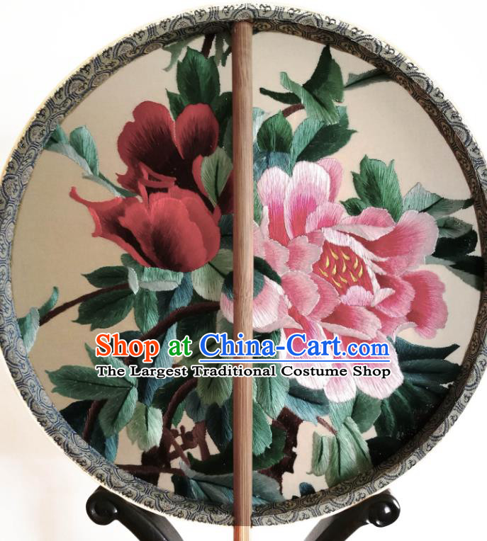 China Traditional Hanfu Circular Palace Fan Suzhou Embroidery Peony Fan Classical Double Side Silk Fan