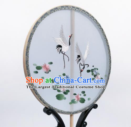 China Traditional Hanfu Palace Fan Suzhou Embroidered Lotus Crane Circular Fan Classical Light Blue Silk Fan
