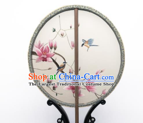 China Suzhou Embroidered Mangnolia Circular Fan Classical Silk Fan Traditional Hanfu Palace Fan