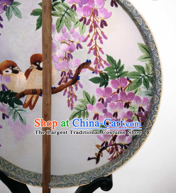 China Classical Dance Silk Circular Fan Traditional Hanfu Palace Fan Suzhou Embroidered Wisteria Bird Fan