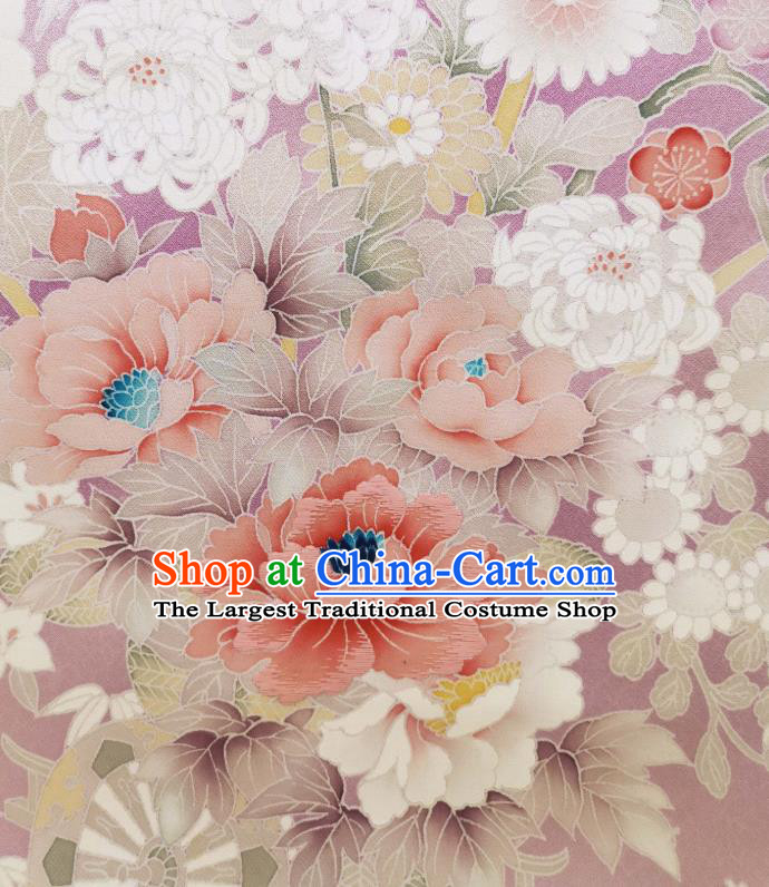 Japan Hand Painting Peony Chrysanthemum Lilac Brocade Asian Traditional Silk Fabric Japanese Kimono Tapestry