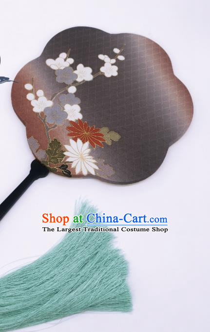 China Traditional Dance Grey Silk Fan Classical Hanfu Fans Hand Painting Plum Blossom Palace Fan