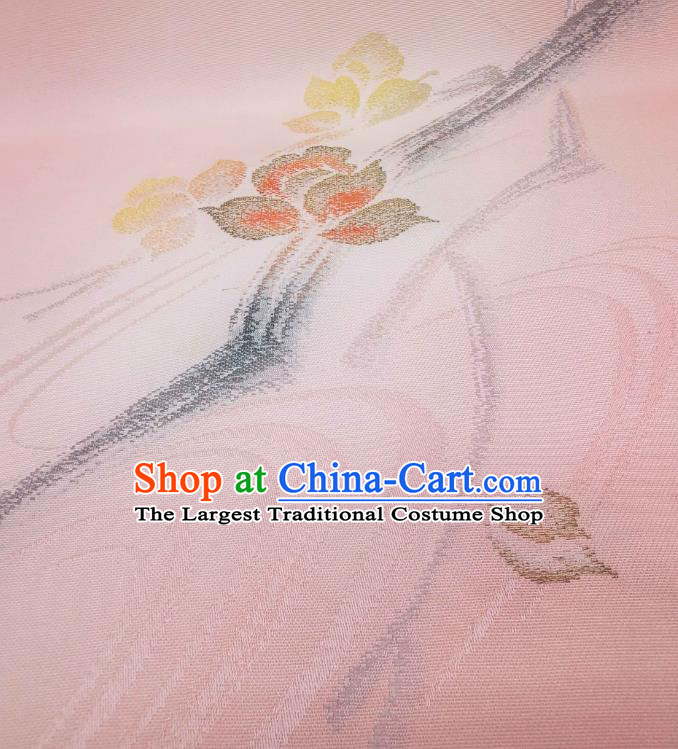 Asian Japanese Yukata Pink Silk Fabric Japan Traditional Kimono Ink Painting Flower Brocade Material