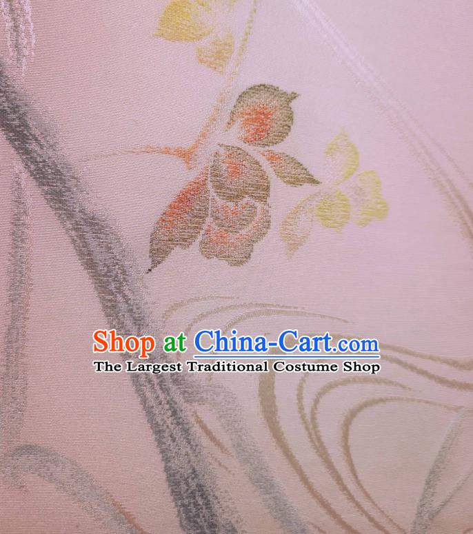 Asian Japanese Yukata Pink Silk Fabric Japan Traditional Kimono Ink Painting Flower Brocade Material