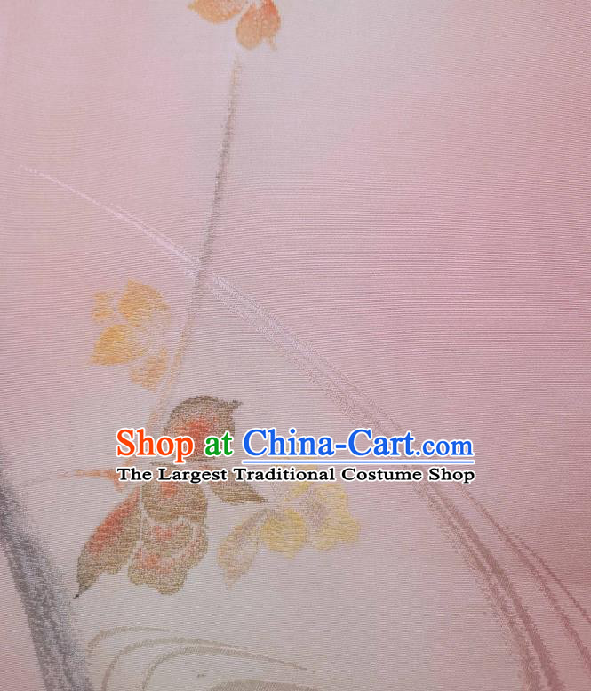 Asian Japanese Yukata Pink Silk Fabric Japan Traditional Kimono Ink Painting Flower Brocade Material