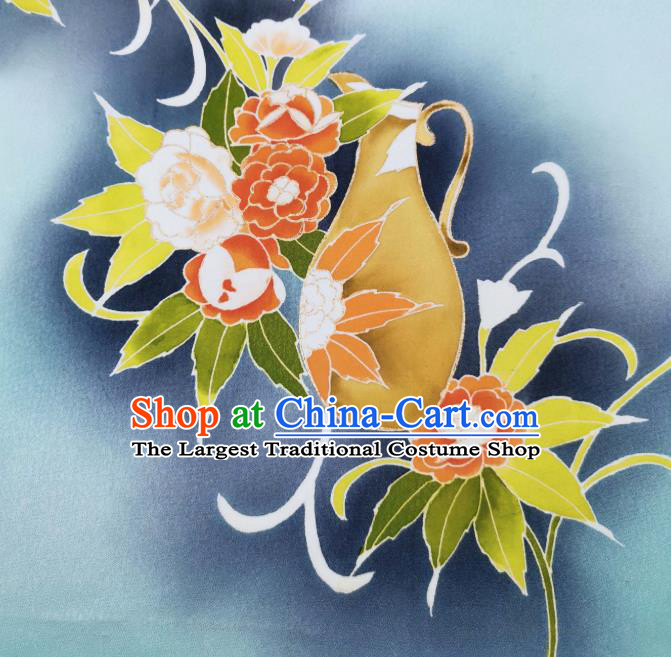 Asian Japan Traditional Kimono Hand Painting Camellia Brocade Material Japanese Yukata Blue Silk Fabric