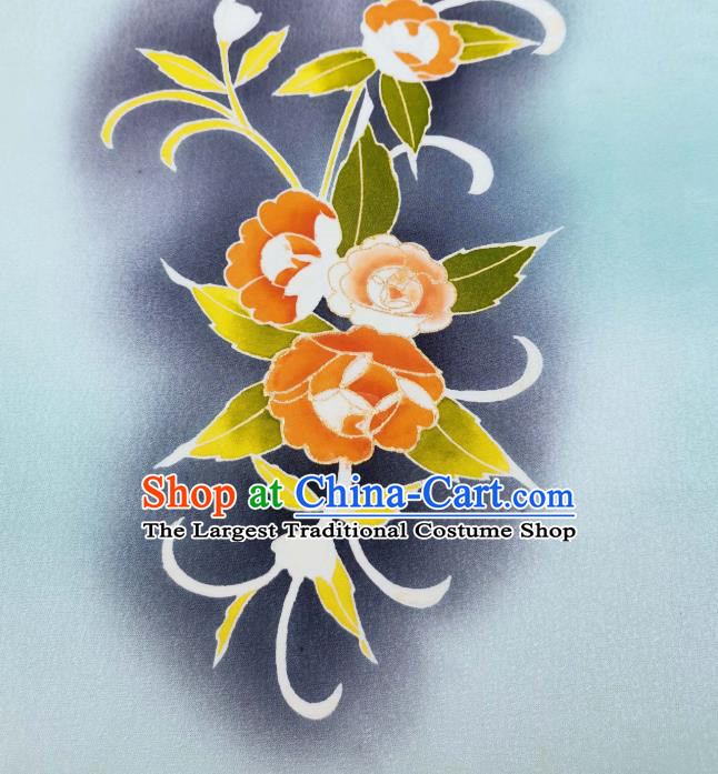 Japan Traditional Kimono Blue Brocade Material Asian Japanese Yukata Hand Painting Camellia Silk Fabric