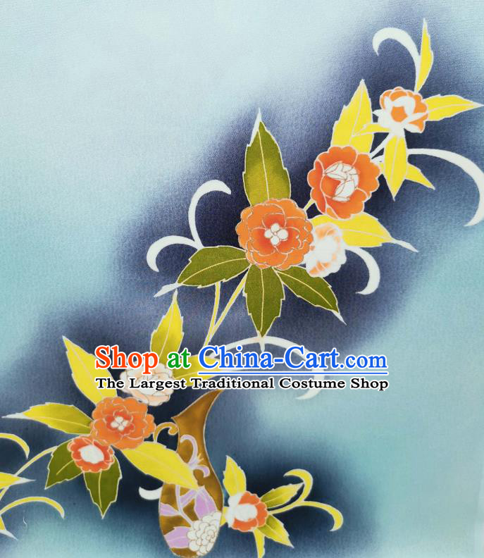 Japan Traditional Kimono Blue Brocade Material Asian Japanese Yukata Hand Painting Camellia Silk Fabric