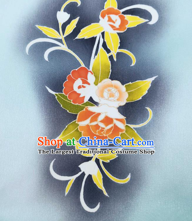 Japan Traditional Silk Fabric Kimono Blue Brocade Material Asian Japanese Yukata Hand Painting Camellia Tapestry