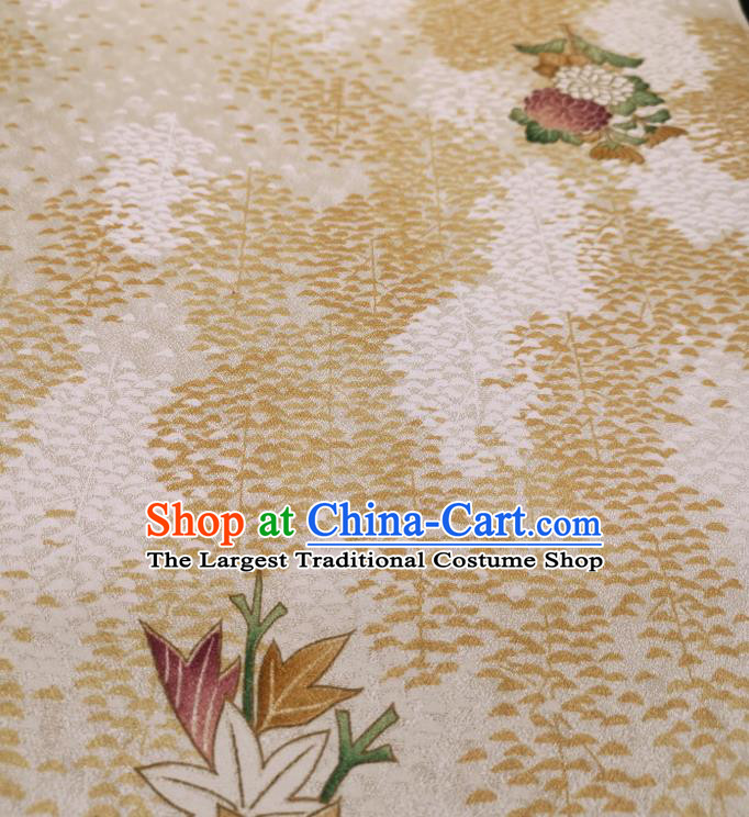 Asian Japanese Yukata Beige Silk Fabric Japan Traditional Kimono Printing Brocade Material