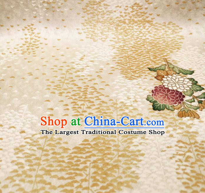Asian Japanese Yukata Beige Silk Fabric Japan Traditional Kimono Printing Brocade Material