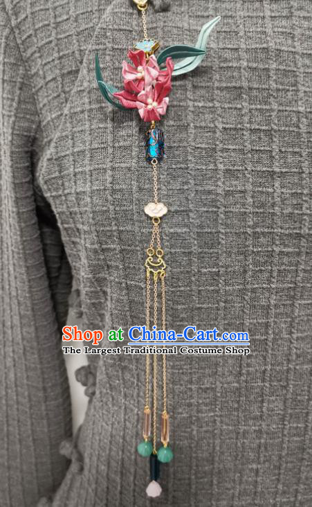 China Traditional Cheongsam Jade Brooch Accessories Handmade Pink Silk Orchids Lappet Pendant