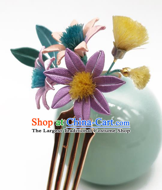 Chinese Traditional Hanfu Hairpin Hair Accessories Handmade Ancient Princess Purple Silk Flowers Hair Comb