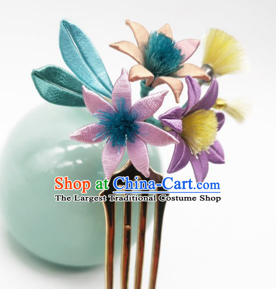 Chinese Traditional Hanfu Hairpin Hair Accessories Handmade Ancient Princess Purple Silk Flowers Hair Comb