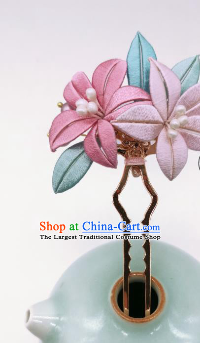 Chinese Handmade Ancient Young Lady Hairpin Hanfu Hair Accessories Traditional Silk Lily Flowers Hair Stick