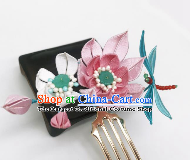 Chinese Handmade Ancient Princess Pink Silk Lotus Hairpin Hanfu Hair Accessories Traditional Beads Dragonfly Hair Comb