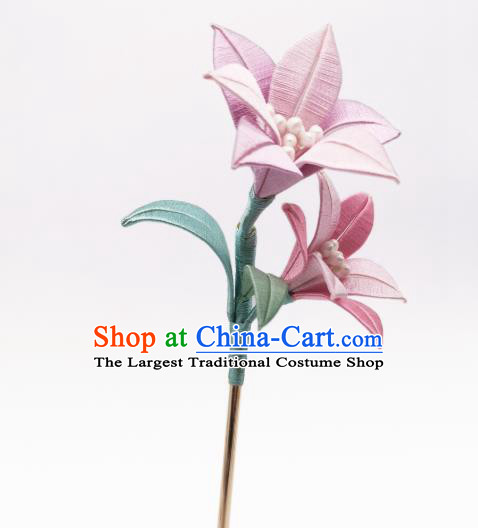 Chinese Traditional Pink Silk Lily Flowers Hair Stick Handmade Hanfu Hair Accessories Ancient Princess Hairpin