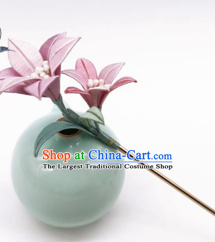 Chinese Traditional Pink Silk Lily Flowers Hair Stick Handmade Hanfu Hair Accessories Ancient Princess Hairpin