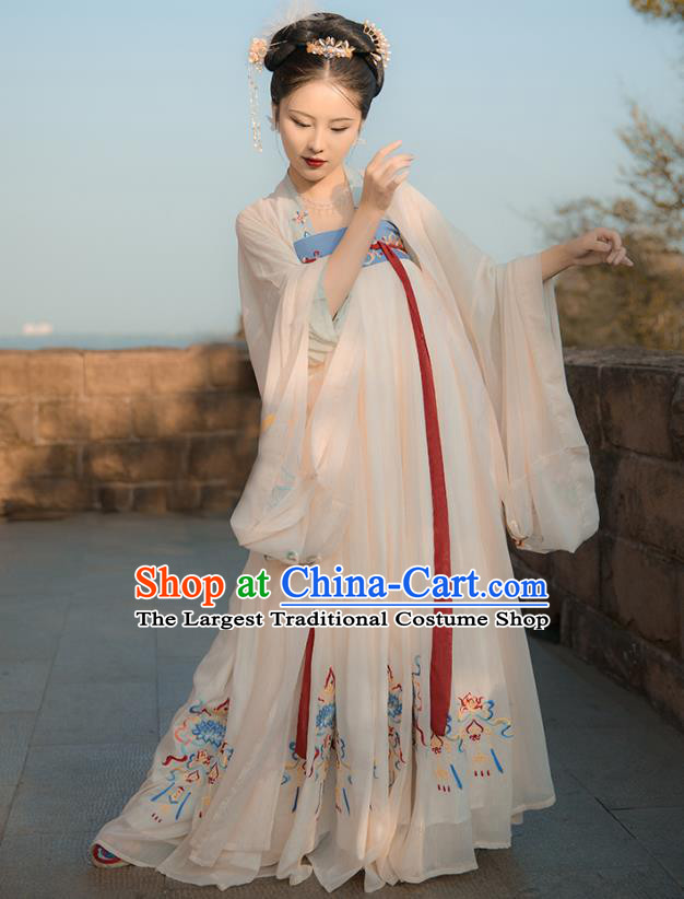 China Ancient Goddess White Hanfu Dress Traditional Tang Dynasty Embroidered Historical Clothing for Court Beauty