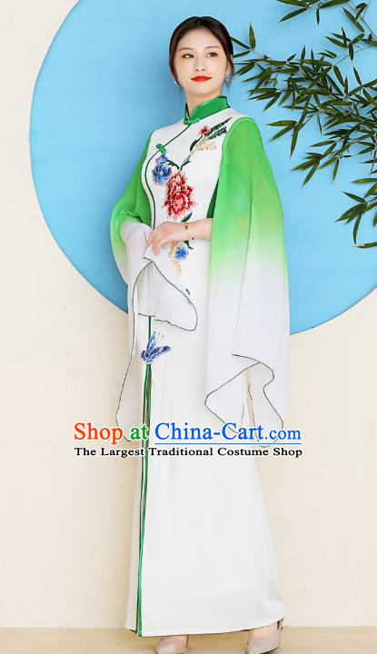 China Catwalks Fishtail Qipao Dress Young Woman Clothing Stage Performance Embroidery Peony Cheongsam
