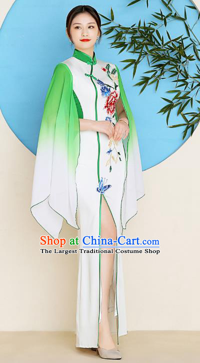 China Catwalks Fishtail Qipao Dress Young Woman Clothing Stage Performance Embroidery Peony Cheongsam
