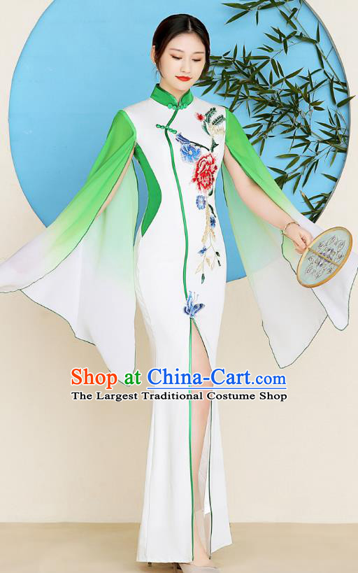 China Catwalks Fishtail Qipao Dress Young Woman Clothing Stage Performance Embroidery Peony Cheongsam