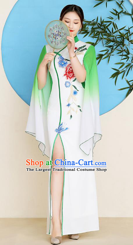 China Catwalks Fishtail Qipao Dress Young Woman Clothing Stage Performance Embroidery Peony Cheongsam