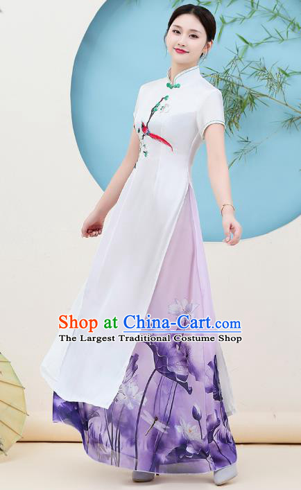 China Stage Performance Embroidery Flower Bird Cheongsam Catwalks Printing Lotus Purple Chiffon Qipao Dress Young Woman Clothing