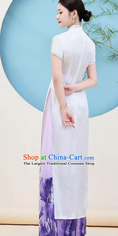 China Stage Performance Embroidery Flower Bird Cheongsam Catwalks Printing Lotus Purple Chiffon Qipao Dress Young Woman Clothing