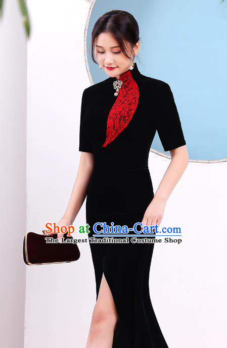 China Catwalks Fishtail Qipao Dress Modern Dance Clothing Stage Performance Black Velvet Cheongsam