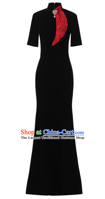 China Catwalks Fishtail Qipao Dress Modern Dance Clothing Stage Performance Black Velvet Cheongsam