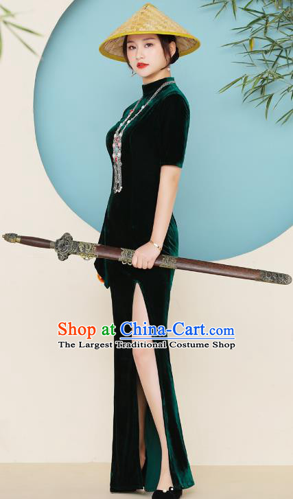China Catwalks Green Velvet Qipao Dress Stage Performance Single Mandarin Sleeve Cheongsam Woman Clothing