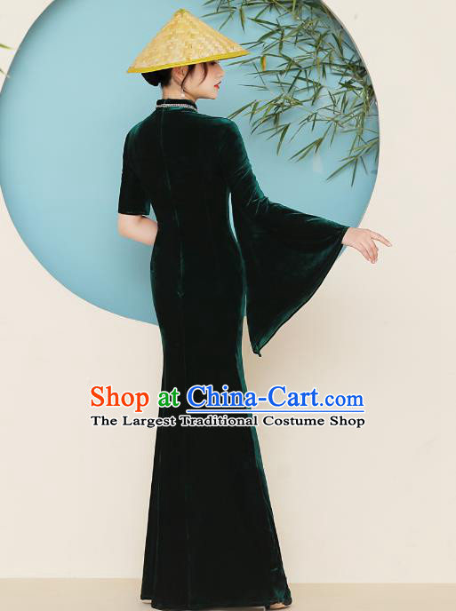 China Catwalks Green Velvet Qipao Dress Stage Performance Single Mandarin Sleeve Cheongsam Woman Clothing