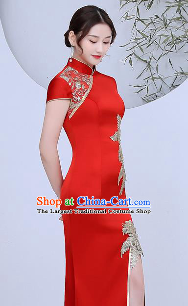 China Woman Annual Meeting Dress Clothing Catwalks Fishtail Qipao Stage Show Red Satin White Cheongsam