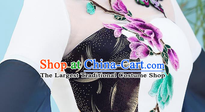 China Catwalks Ink Painting Orchids Qipao Dress Stage Show Cheongsam Woman Classical Dance Clothing