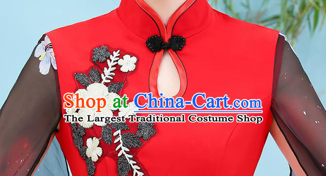 China Catwalks Embroidery Red Qipao Dress Stage Show Cheongsam Woman Water Sleeve Clothing