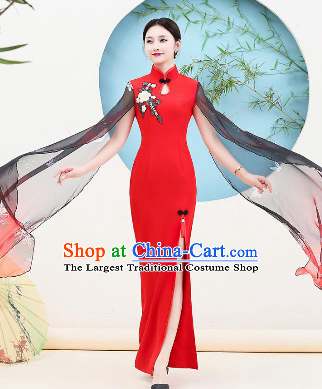 China Catwalks Embroidery Red Qipao Dress Stage Show Cheongsam Woman Water Sleeve Clothing