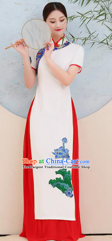 China Embroidery Lotus White Cheongsam Stage Show Clothing Woman Catwalks Qipao Dress