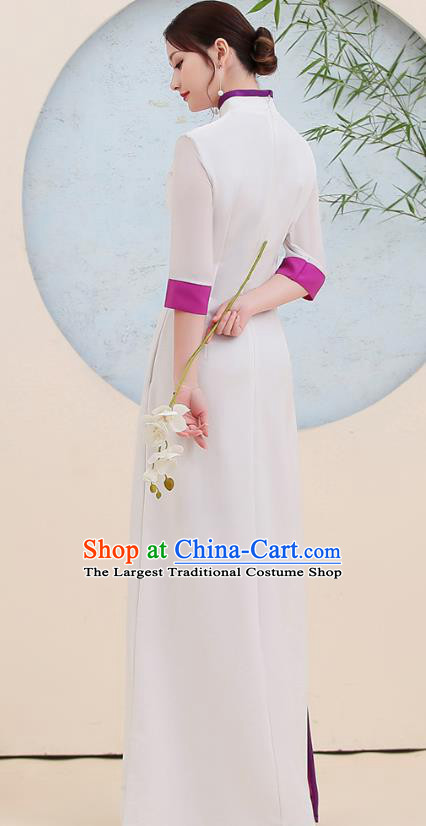 China Embroidery Peach Blossom White Cheongsam Stage Show Clothing Woman Classical Dance Qipao Dress
