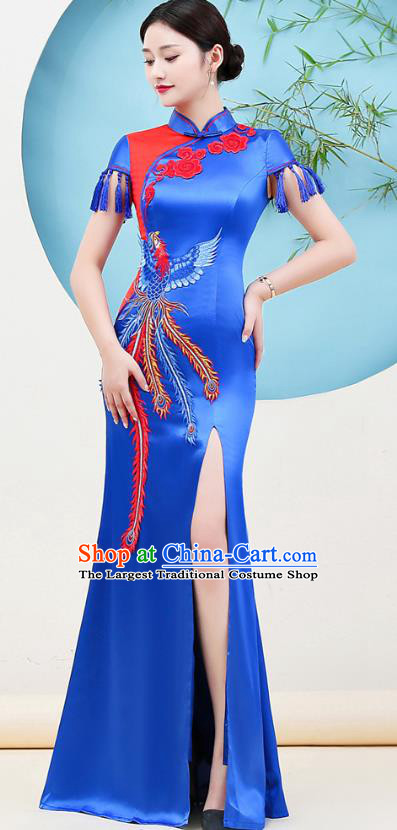 China Woman Umbrella Dance Royalblue Satin Qipao Dress Embroidery Phoenix Cheongsam Stage Show Clothing