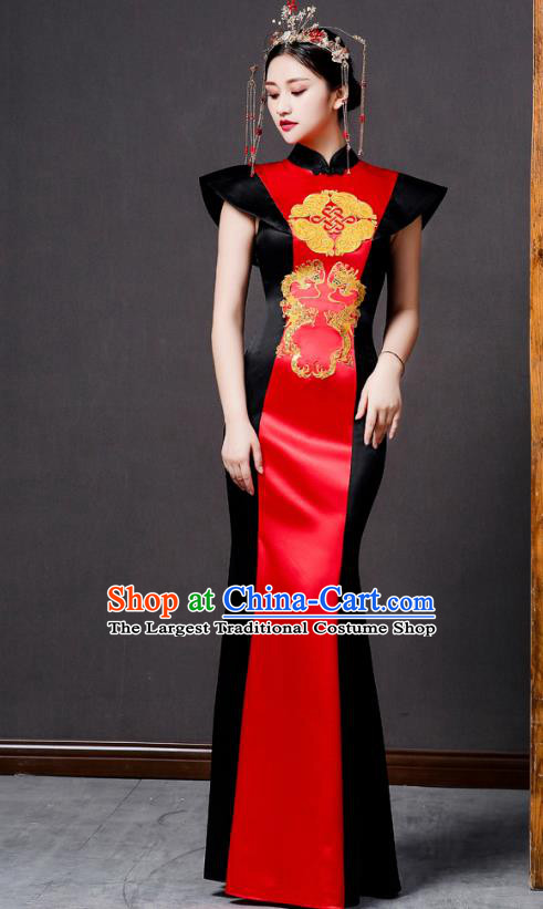 China Catwalks Show Cheongsam Stage Performance Clothing Bride Fishtail Qipao Dress