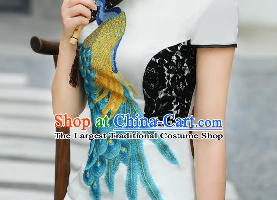 China Catwalks Show Slim Cheongsam Stage Performance Dress Clothing Classical Embroidery Peacock White Qipao