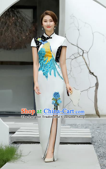 China Catwalks Show Slim Cheongsam Stage Performance Dress Clothing Classical Embroidery Peacock White Qipao