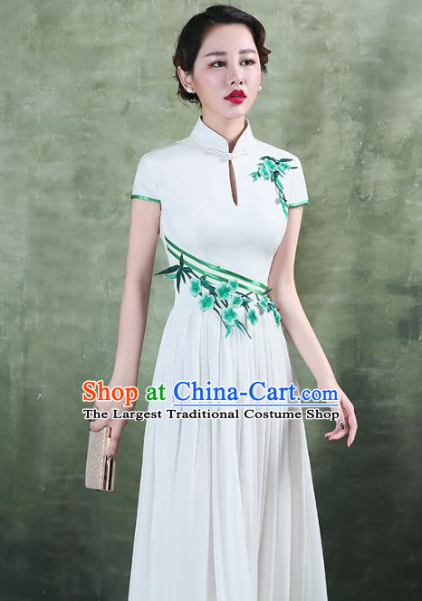 China Stage Performance Chorus Clothing Classical Embroidery White Qipao Dress Catwalks Show Cheongsam