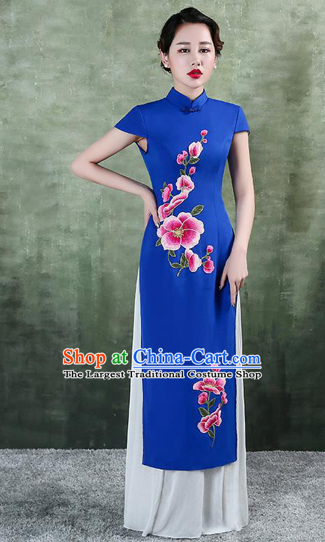 China Stage Performance Aodai Clothing Classical Embroidery Royalblue Satin Qipao Dress Catwalks Show Cheongsam