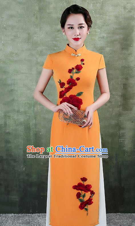 China Catwalks Show Aodai Cheongsam Stage Performance Clothing Classical Embroidery Orange Satin Qipao Dress