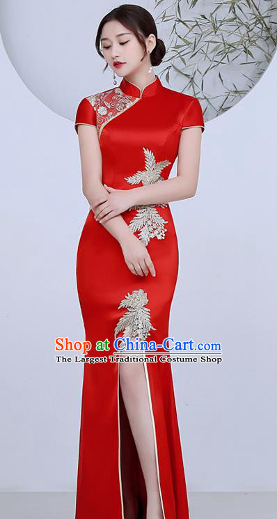 China Classical Red Satin Qipao Catwalks Show Cheongsam Stage Performance Evening Dress Clothing